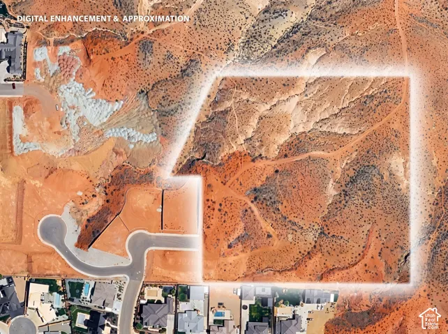 Aerial Map, Property Boundary. Illustrating the property's perimeter and surrounding terrain with digital enhancement