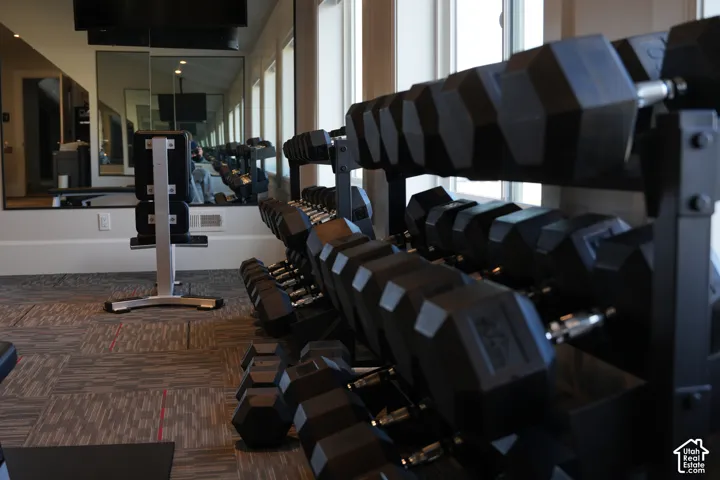 Fitness area with mirrored wall, window, and patterned carpet