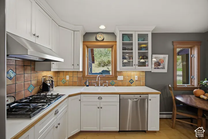 Kitchen featuring white cabinetry, a gas range with stainless steel hood, tile backsplash, stainless steel dishwasher, and a double-basin sink