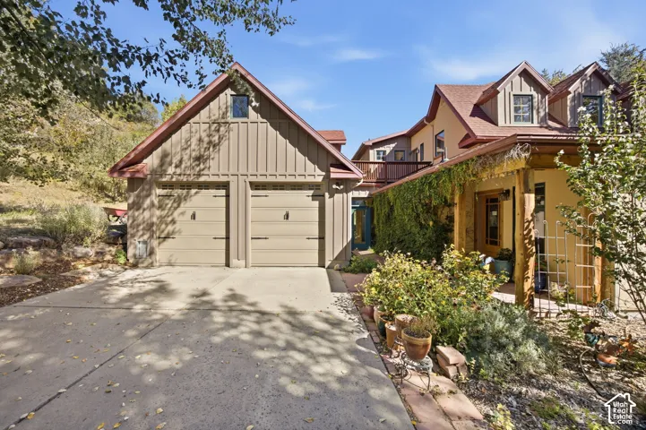 Two-car garage with board-and-batten siding