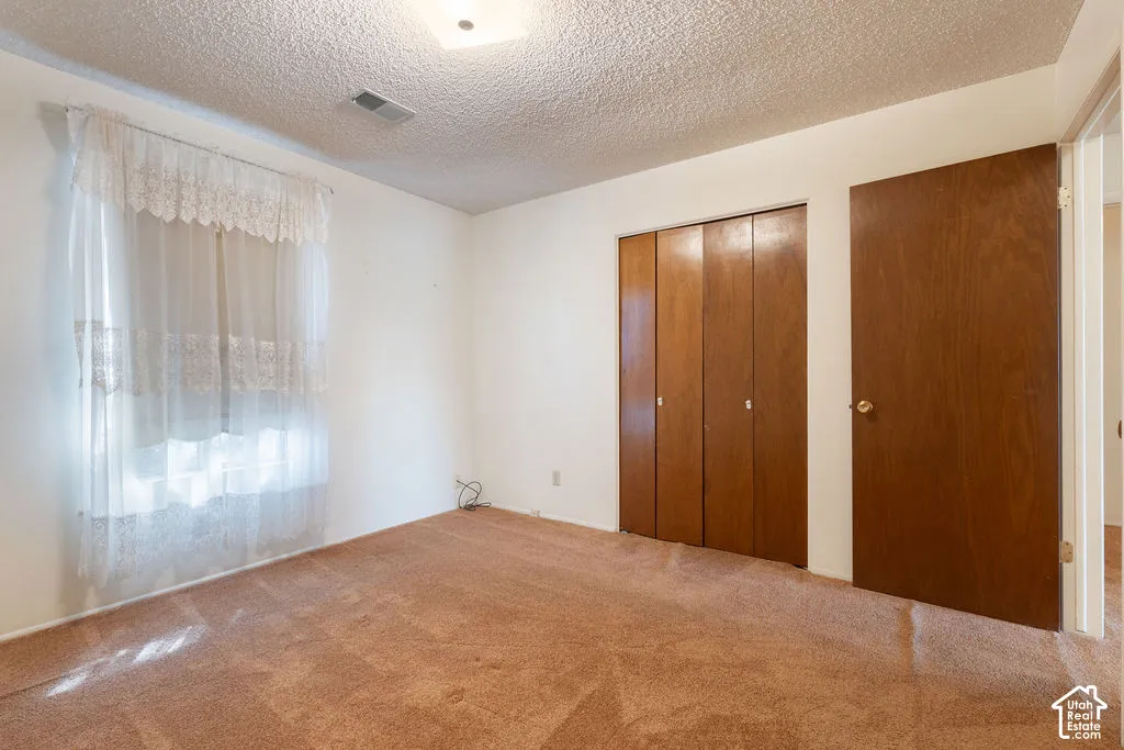 Carpeted flooring extending throughout the room