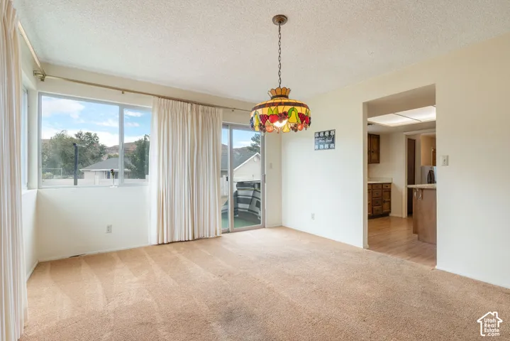 Expansive window offering abundant natural light, glass sliding door, and a decorative pendant light fixture