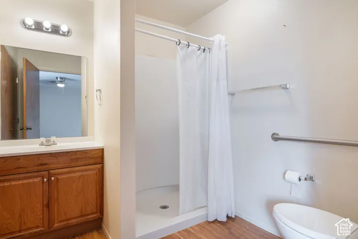 Bathroom featuring a single vanity, wood-finish flooring, and a walk-in shower