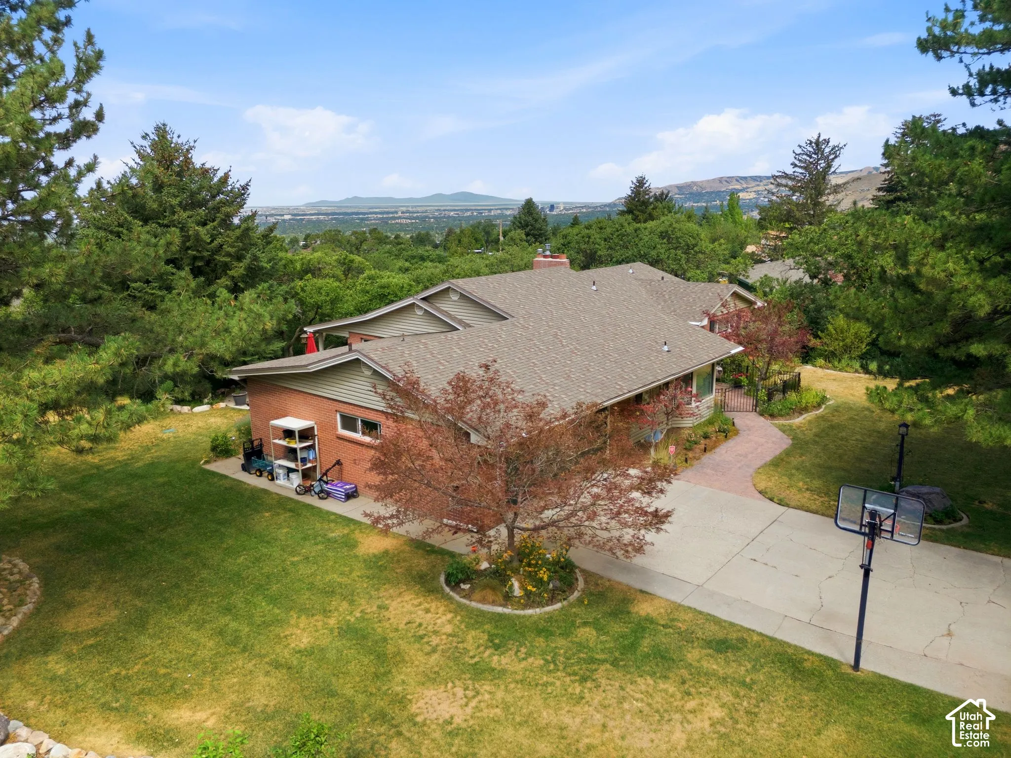 Expansive landscape featuring mature trees and a manicured lawn