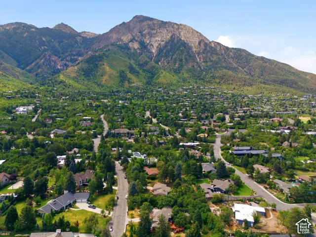 Mountainous backdrop, verdant surroundings, extensive tree coverage, residential properties, meandering roadways