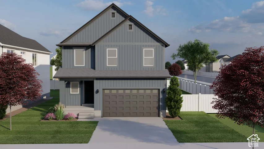 Modern two-story residence with a board and batten facade, attached garage, and a covered entry
