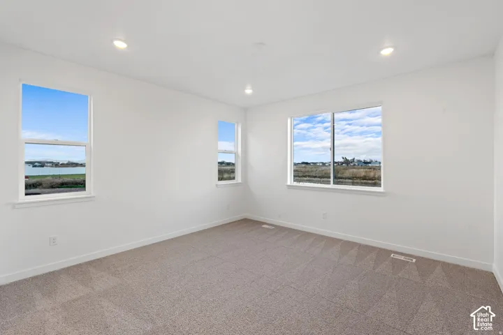 Recessed lighting, light-colored walls, multiple windows, and carpet flooring