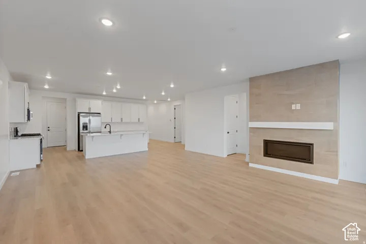 Recessed lighting throughout, wood-finish flooring, white cabinetry, integrated fireplace, and stainless steel appliances