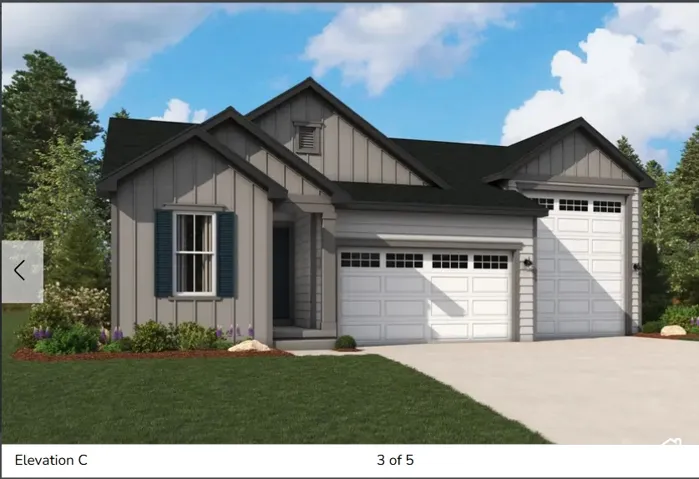 Contemporary exterior with board and batten siding, multiple gables, and a two-car garage