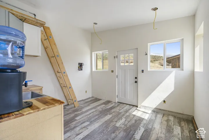 Wood-finish flooring, white paneled door with glass inserts, multiple windows, built-in cabinetry, and a wood countertop