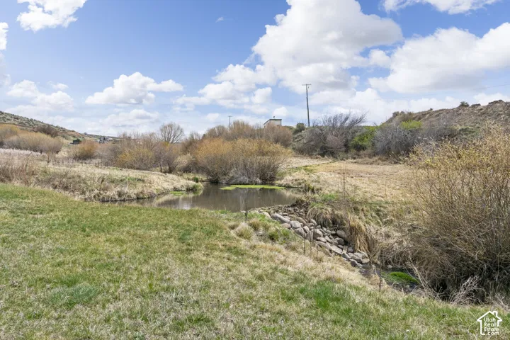 Natural water feature, varied ground cover, distant rolling hills, established shrubbery, open sky