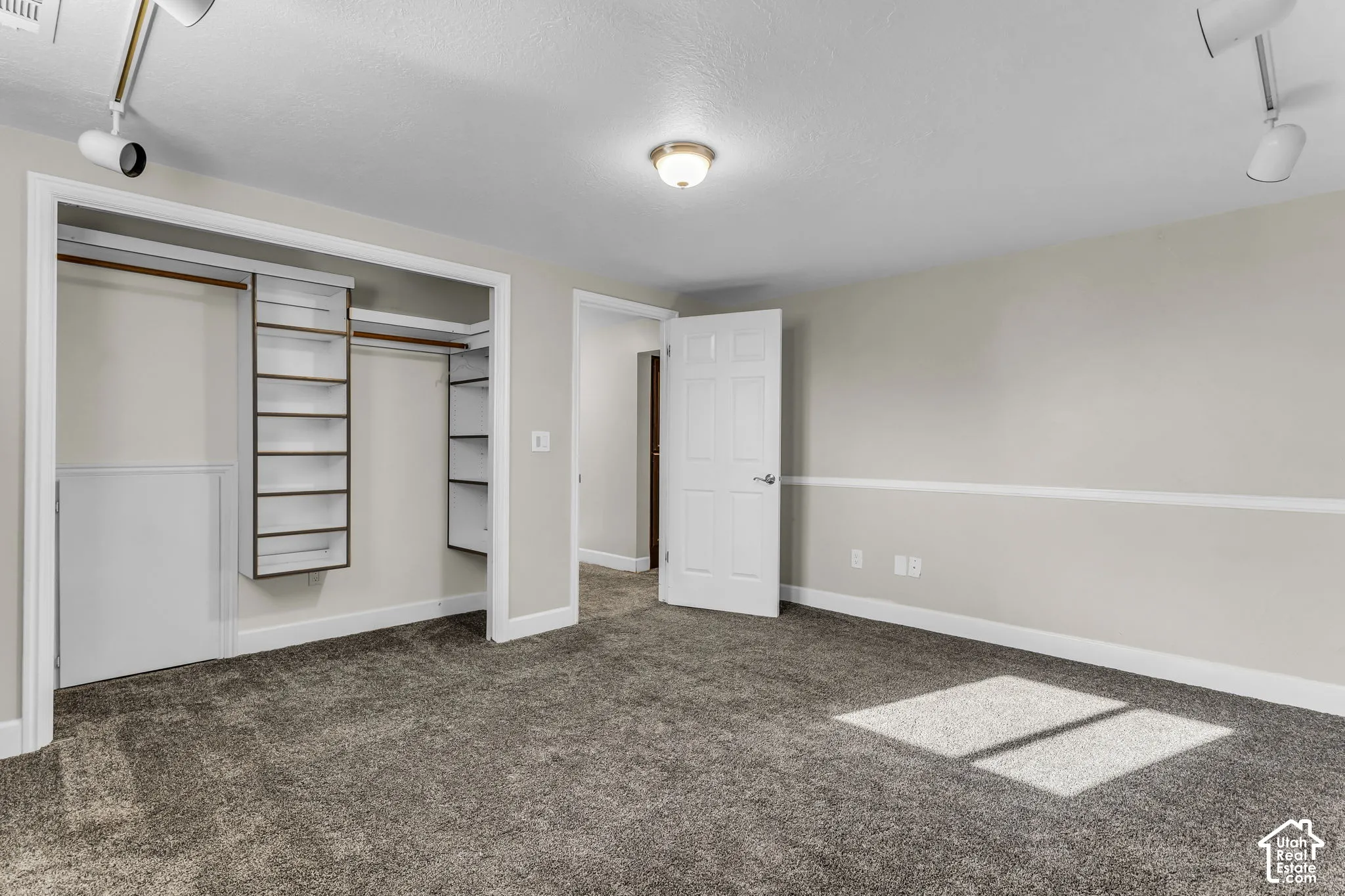 Plush gray carpeting, neutral wall palette with chair rail molding, and integrated closet shelving