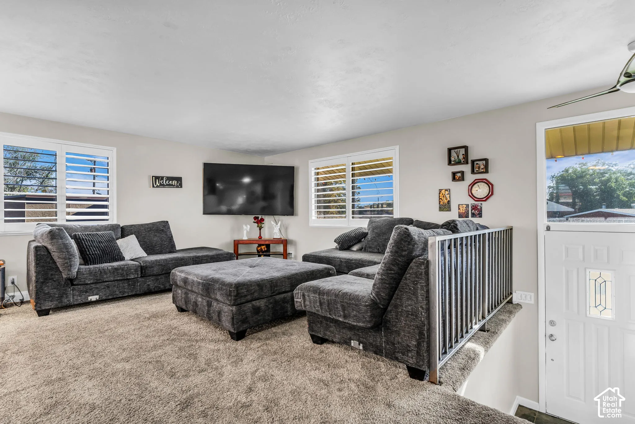 Carpeted living area featuring white plantation shutters, a white paneled door with decorative glass, and a black metal railing
