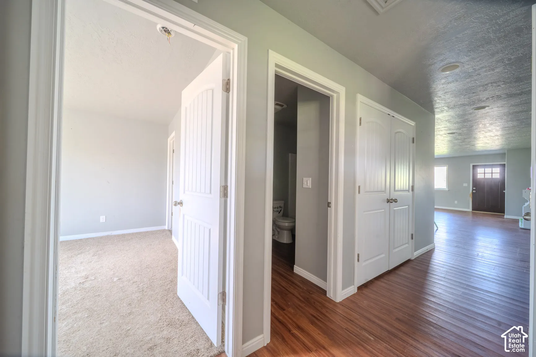 Wood-finish flooring, light grey wall paint, white trim, recessed lighting, and a dark wood entry door