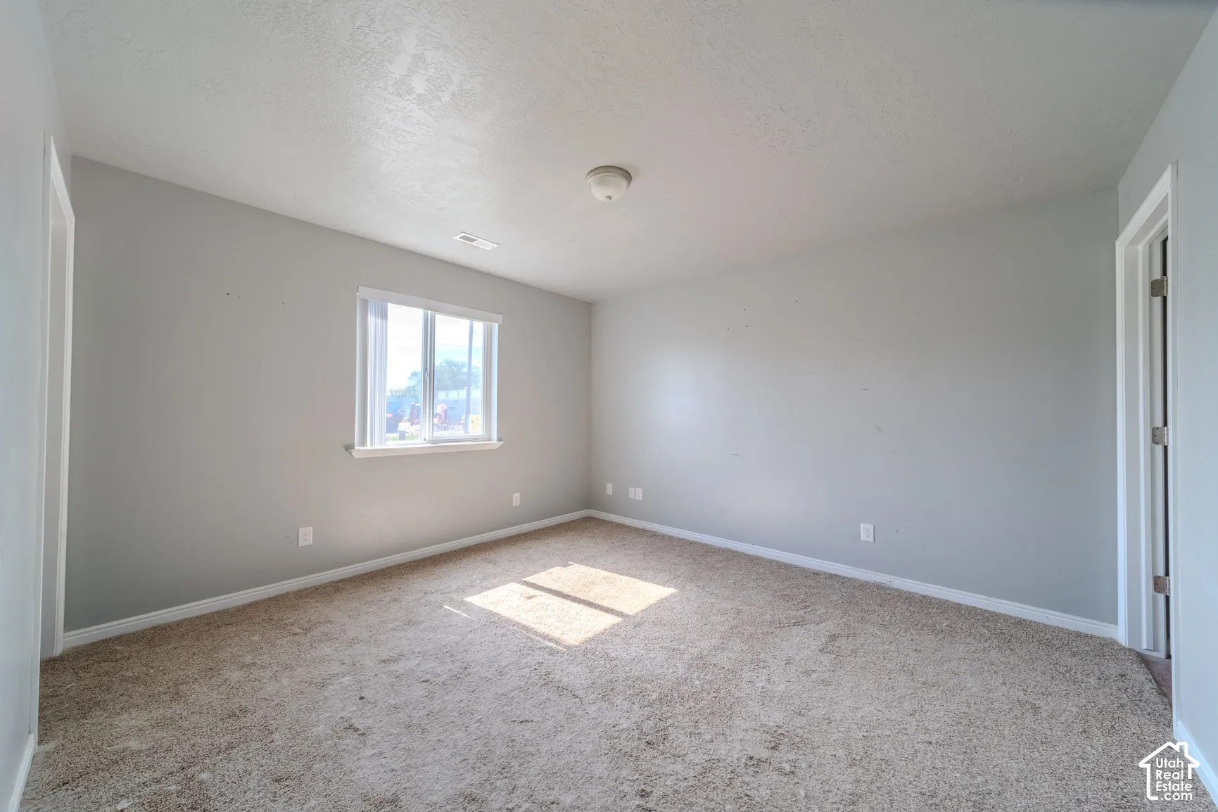 Textured carpet flooring, neutral painted walls, ceiling-mounted light fixture, and a window with white trim