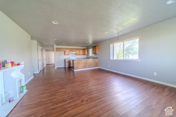Expansive open-concept living area featuring wood-finish flooring, recessed lighting, and a kitchen with wood cabinetry