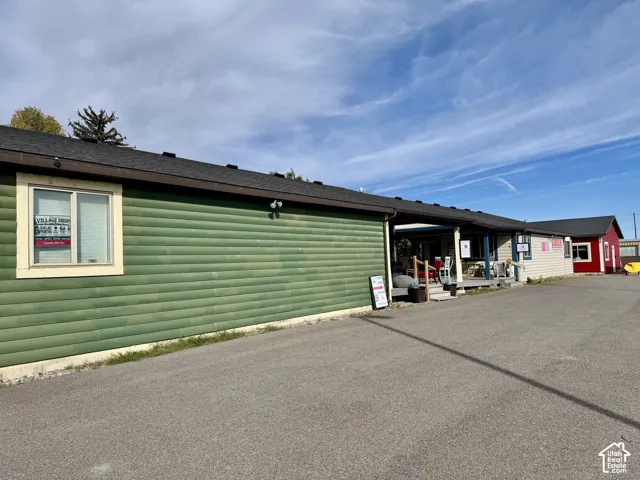 East side of buildings with parking