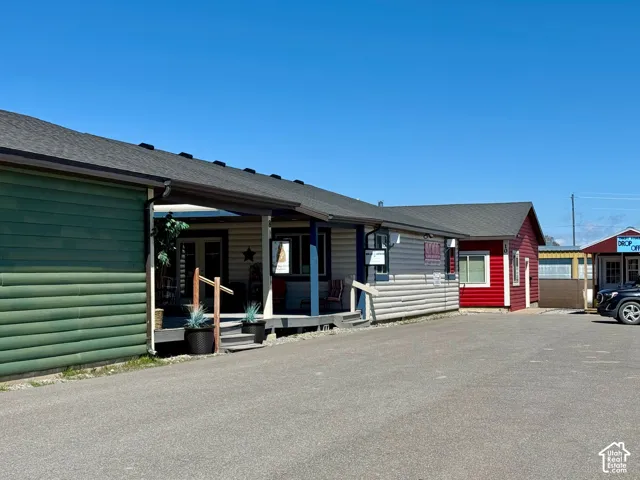 East side of buildings with parking