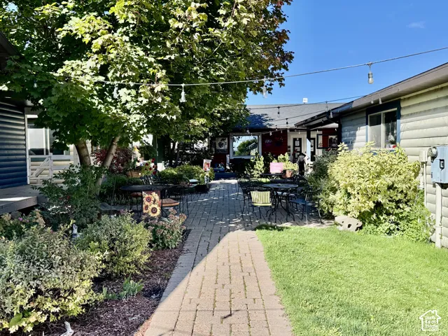 Brick paver walkway, mature trees, string lighting, manicured lawn, and planted garden beds