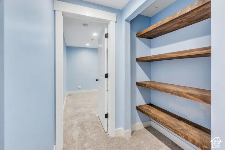 Built-in shelving with wood-finish shelves