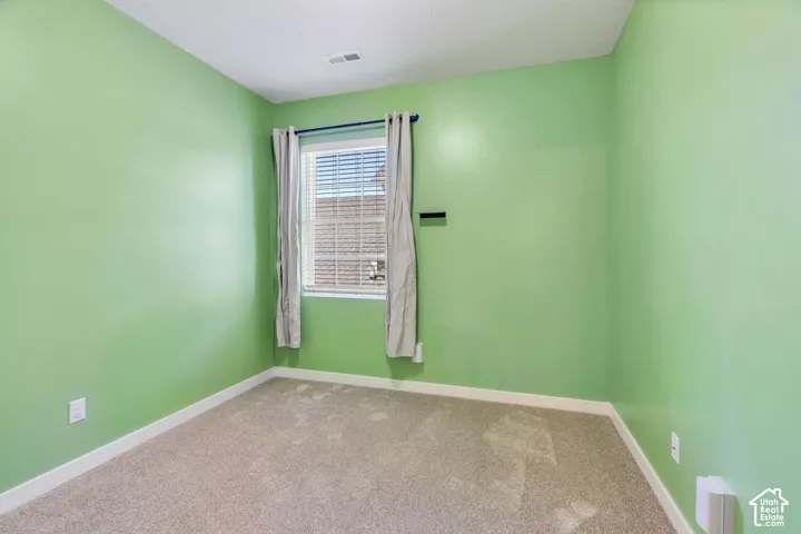 Carpeted flooring, single window with blinds, light green wall paint, and white trim