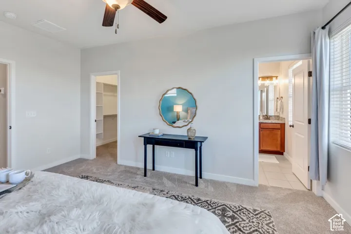 Carpeted flooring, ceiling fan, white paneled doors, built-in closet shelving, and a vanity with a light fixture