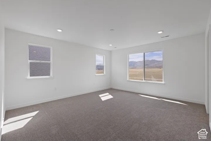 Recessed lighting, white walls, gray carpeting, multiple windows, and mountain scenery