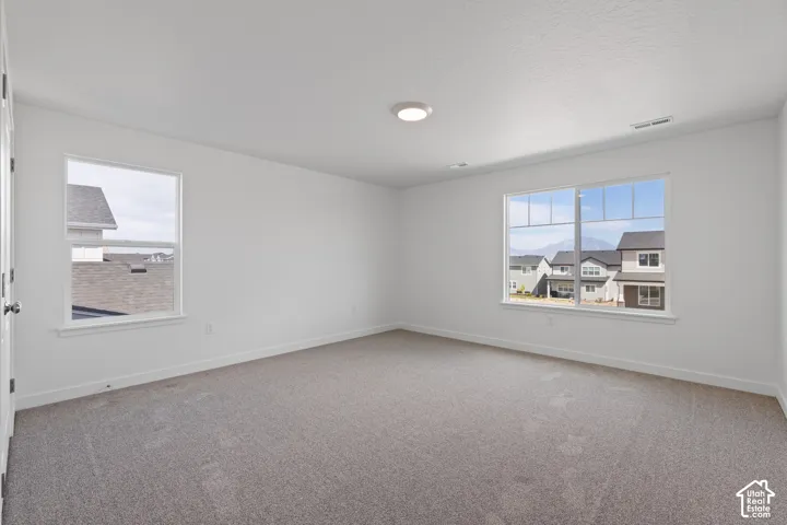 Spacious room with plush gray carpeting, two large windows, a ceiling-mounted light fixture, and white wall finishes