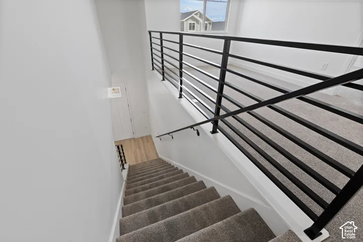 Carpeted staircase with black metal horizontal railing