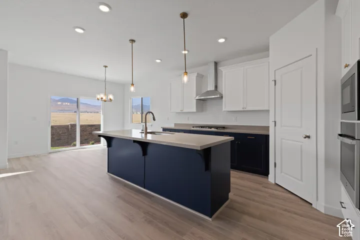 Kitchen featuring a large island with sink, stainless steel appliances, and wood-finish flooring