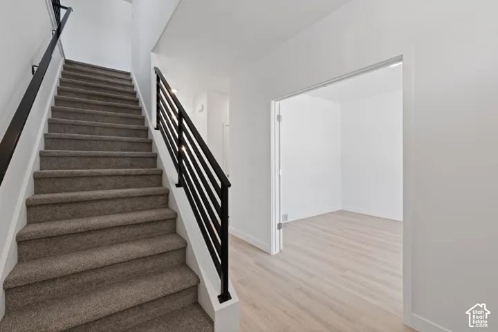 Carpeted staircase with black metal railings, white walls, and wood-finish flooring in an adjoining room