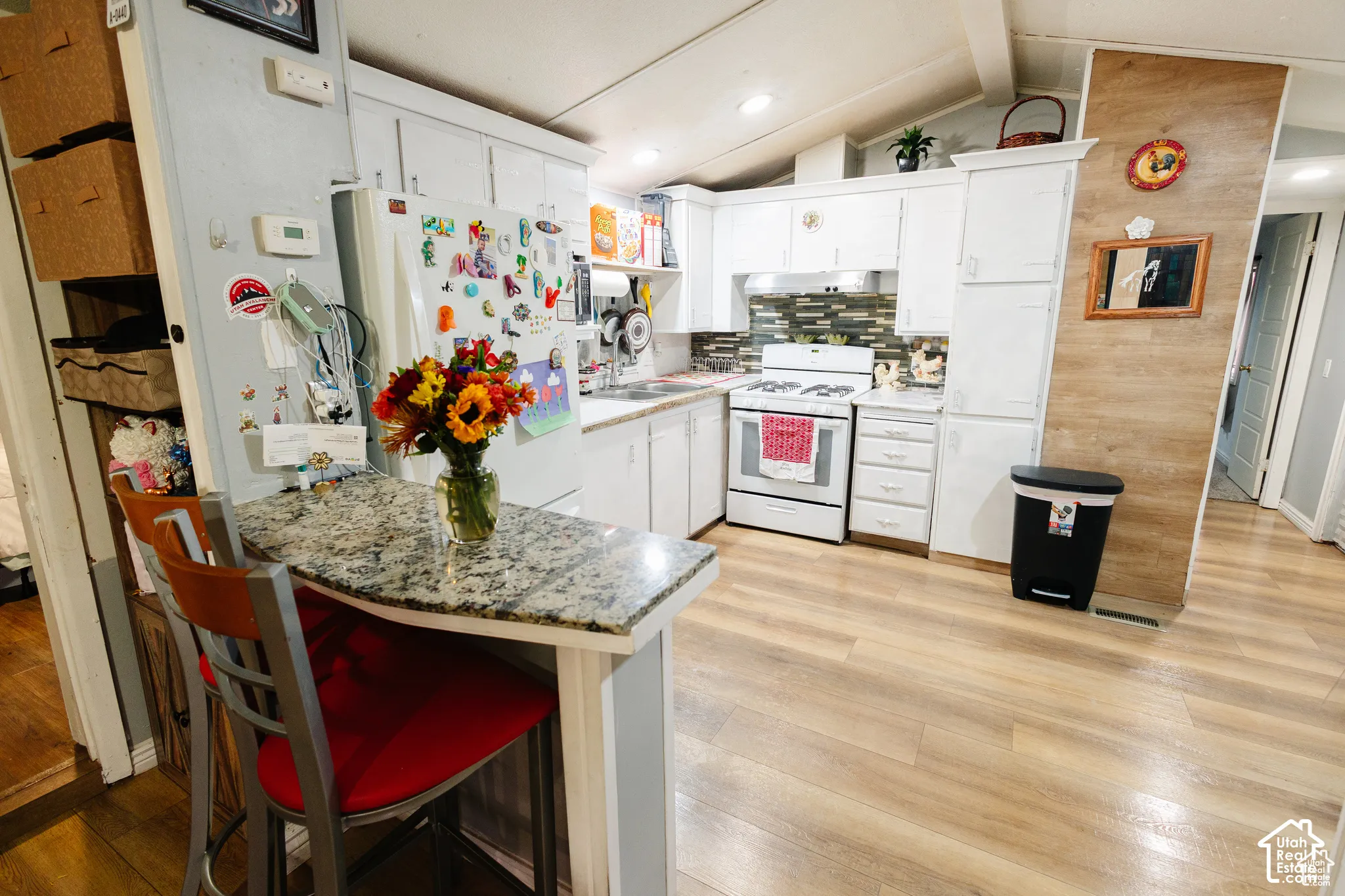 Kitchen featuring white cabinetry, a built-in breakfast bar with a stone-finish countertop, a tile backsplash, wood-finish flooring, and a vaulted ceiling