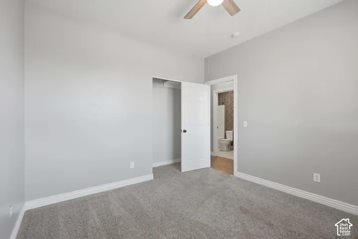Plush gray carpet flooring, light gray wall paint, white trim, and a ceiling fan with light fixture