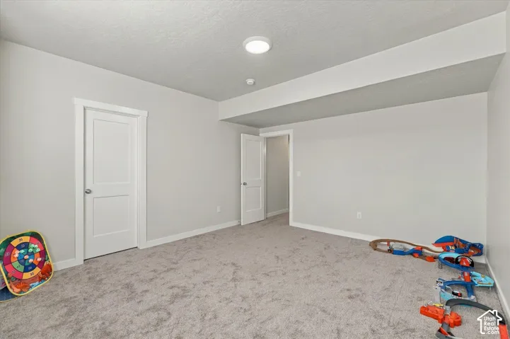 Neutral tone wall paint, recessed ceiling lighting, light gray carpet flooring, white trim, and white two-panel interior doors