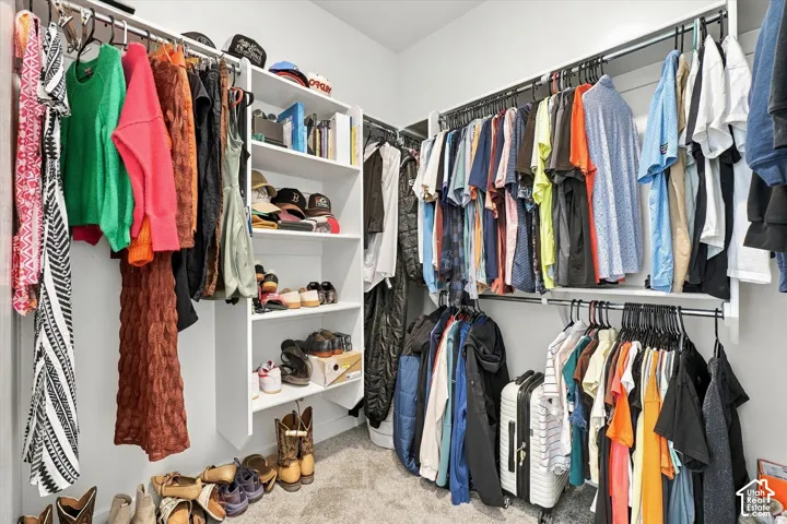 Built-in white shelving, multiple hanging rods, and carpeting