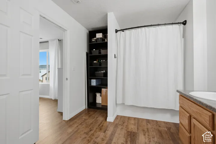 Wood-finish flooring, built-in shelving, white paneled door, light gray walls, and a single vanity with a white sink