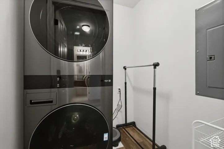 Stackable washer and dryer unit with a dark stainless steel finish