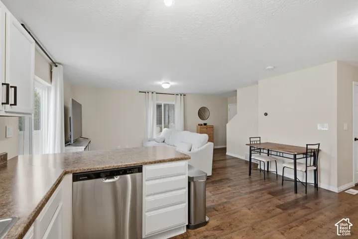 Open-concept living area featuring wood-finish flooring, white cabinetry with dark hardware, a stainless steel dishwasher, and a breakfast bar with a stone-finish countertop