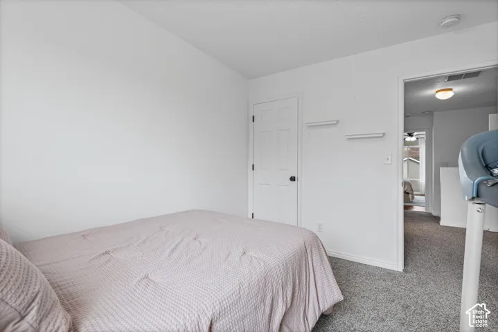 Neutral wall paint, textured carpeting, and white trim