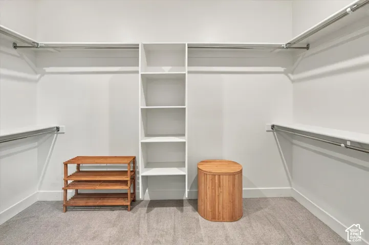 Spacious walk-in closet featuring dual clothing rods with ample hanging space, built-in shelving with multiple compartments for organized storage, carpeted flooring, and recessed lighting throughout