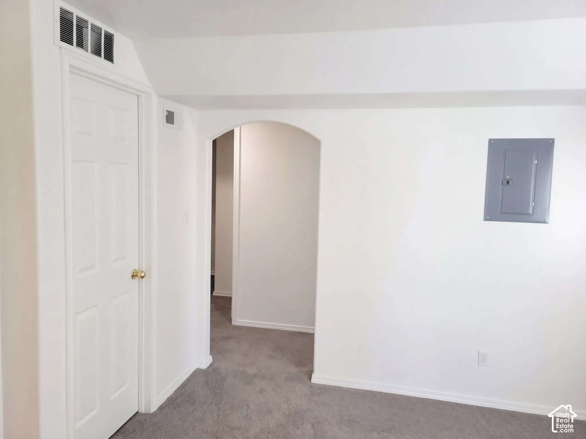 White paneled door with brass hardware, gray wall-to-wall carpeting, and an arched entryway