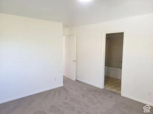 Neutral wall paint, gray carpeting, interior door with hardware, flush-mount ceiling light, patterned flooring