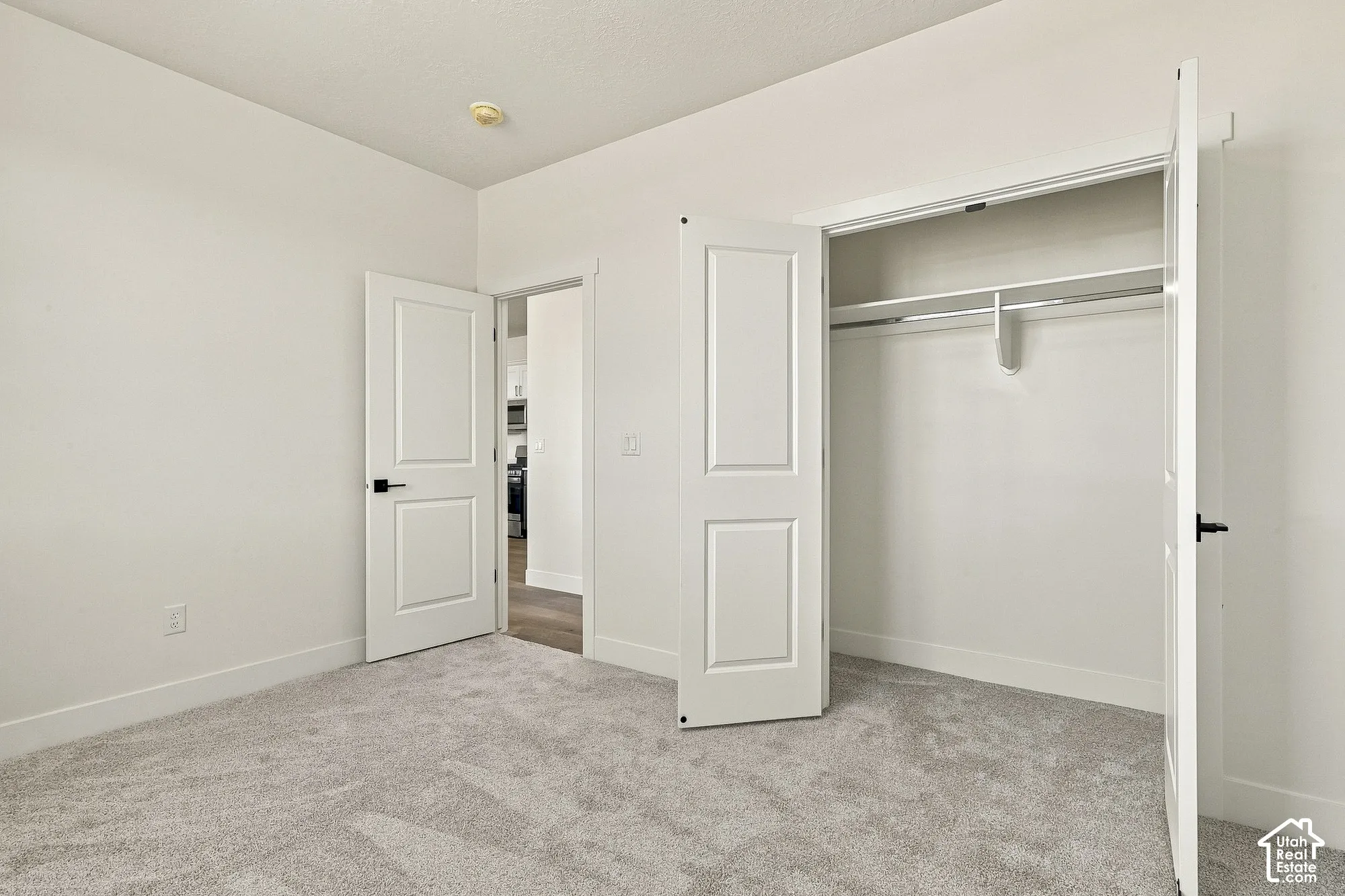 Neutral interior featuring wall-to-wall carpeting, two-panel interior doors with matte black hardware, and a closet with a built-in shelf and hanging rod