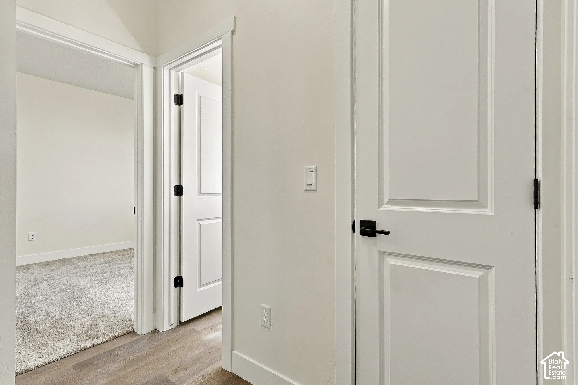Interior hallway featuring solid-core doors with matte black hardware, wood-finish flooring, and neutral wall tones
