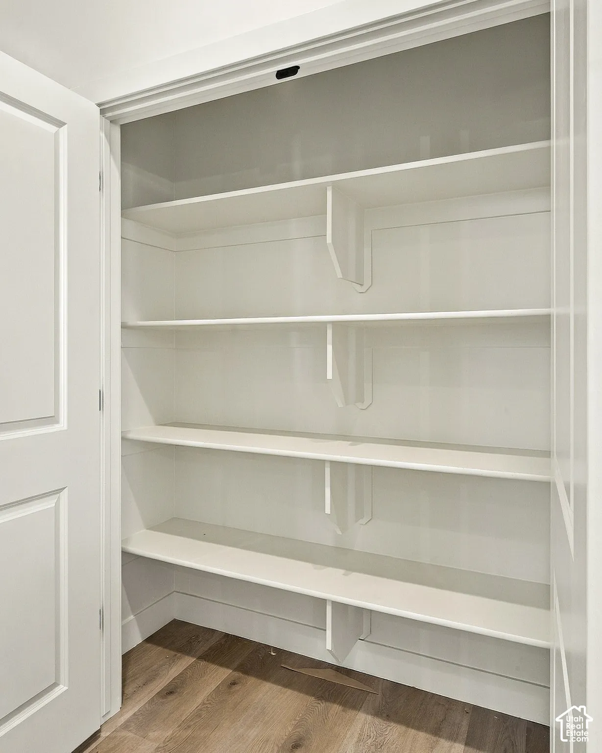 Built-in pantry featuring four levels of white shelving, bracketed supports, and wood-finish flooring