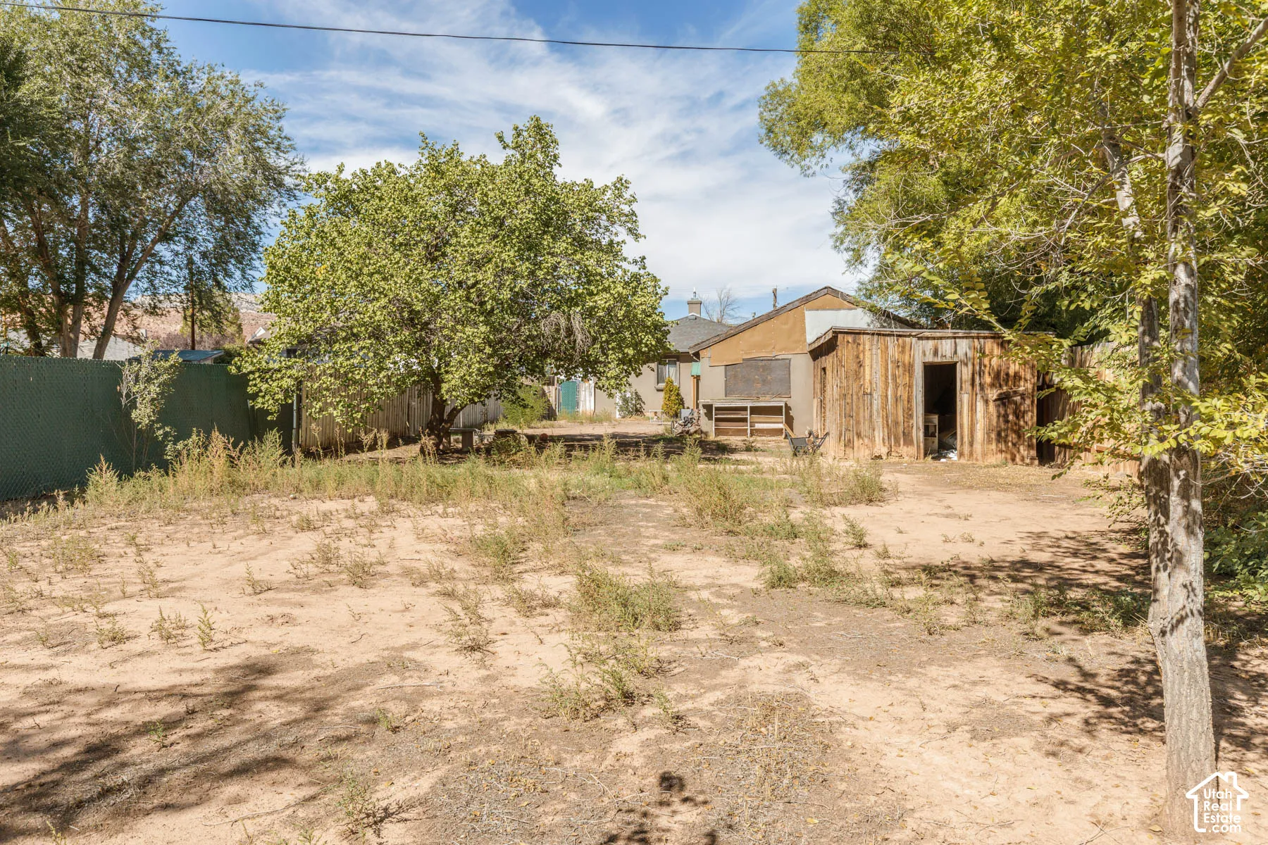 Expansive rear yard with mature trees and a wooden storage shed