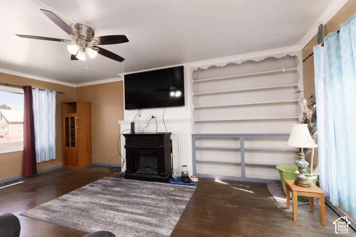 Wood-finish flooring throughout, ceiling fan with integrated lighting, multiple windows for natural illumination, and built-in shelving