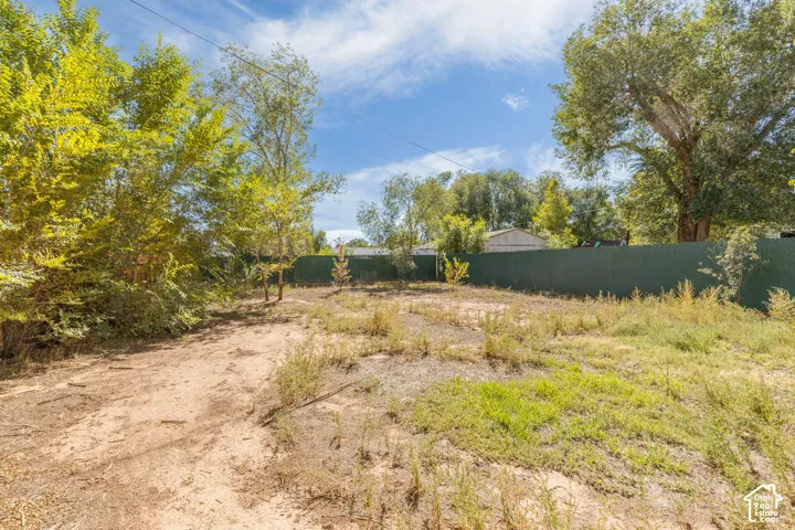 Expansive outdoor space featuring a green privacy fence and mature trees
