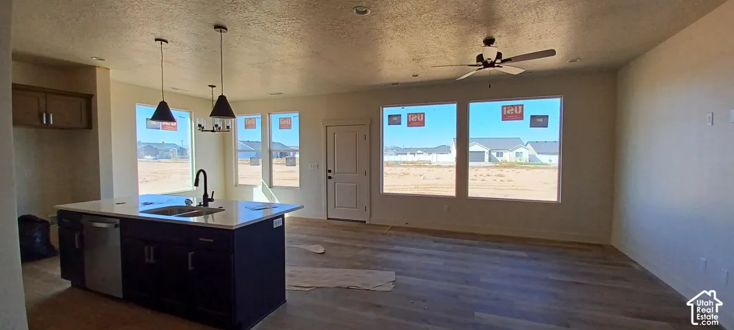 Kitchen island with a white countertop and dark cabinetry, stainless steel dishwasher, wood-finish flooring, multiple windows, and a ceiling fan