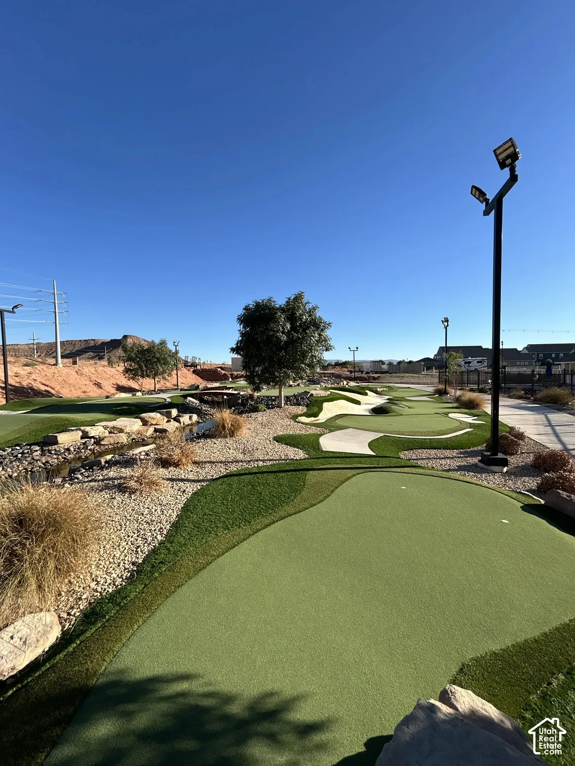 Putting green with multiple holes, artificial turf, and integrated landscaping